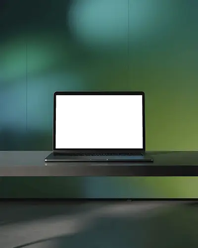 Macbook M1 Pro Mockup In Clean Studio Scene With Gradient Green Blue Wall Light