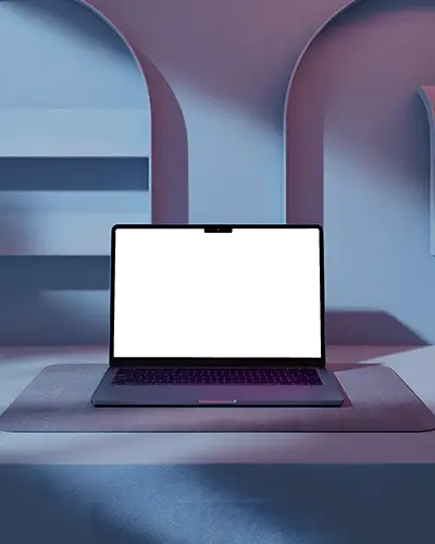 M4 Pro Macbook Mockup In Sculpted Arch Space With Duotone Purple Blue Lighting