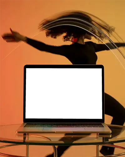 Artistic Motion Scene Macbook Pro M1 Mockup With Dancer In Colorful Studio Light