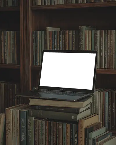 Vintage Library Macbook Air M1 Mockup Stacked On Books With Dark Wooden Shelves