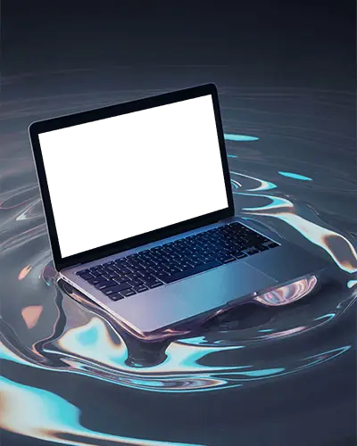 Neon Glow Macbook Pro M1 Mockup Immersed In Reflective Fluid Dreamlike Environment