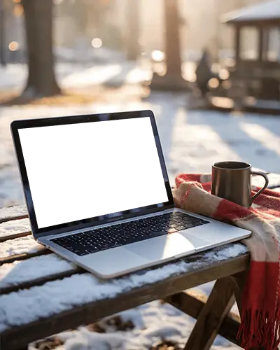 Snowy Park Macbook Air M1 Mockup On Wooden Table With Mug And Sunlit Winter Scene