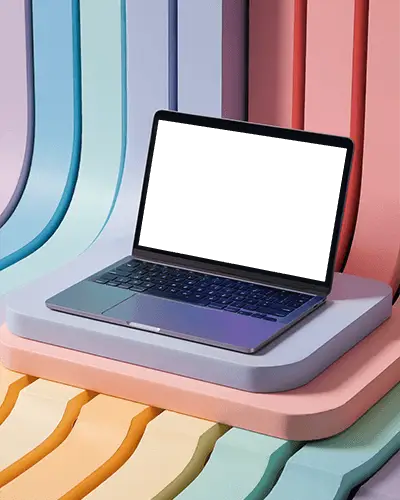 Colorful Abstract Setup Macbook Pro M1 Mockup On Layered Podium With Soft Tones