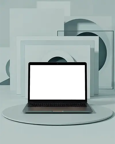 Abstract Geometric Scene Macbook Pro M1 Mockup On Round Podium With Layered Shapes