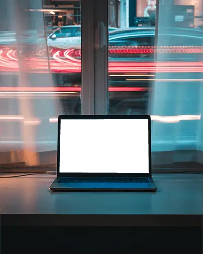 City Light Trails Macbook Pro M1 Mockup On Window Sill With Curtains And Night Traffic