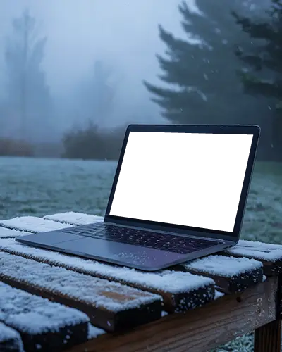 Winter Morning Scene Macbook Pro M1 Mockup On Snow Covered Bench With Foggy Backdrop