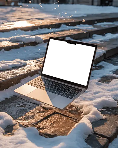 Early Winter Sunset Macbook Air M2 Mockup On Snow Dusted Pavement With Light Rays
