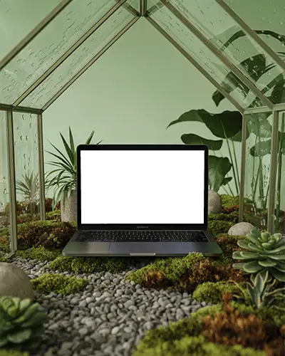 Indoor Greenhouse Scene Macbook Air M1 Mockup On Pebbled Ground Amid Succulents And Leaves