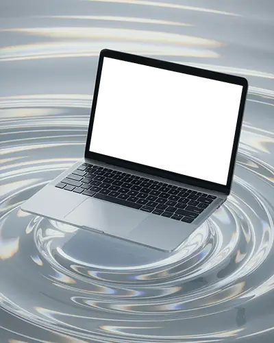 Liquid Ripple Effect Macbook Pro M1 Mockup Floating In Glossy Silver Fluid Surface