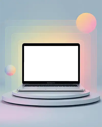 Pastel Gradient Scene Macbook Air M1 Mockup On Podium With Glowing Spheres And Layers