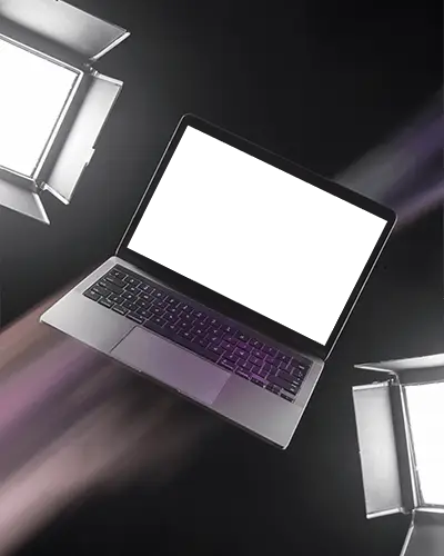 Cinematic Lighting Setup Macbook Pro M1 Mockup Suspended Under Studio Spotlights