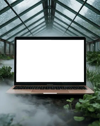 Misty Greenhouse Scene Macbook Air M1 Mockup Amid Plants Under Glass Roof With Fog