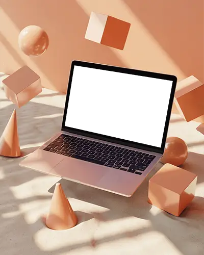 Geometric Studio Scene Macbook Pro M1 Mockup With Floating Shapes And Soft Orange Light