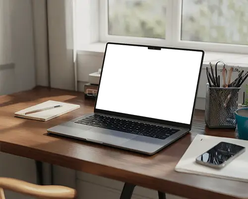 Cozy Home Office Macbook Air M4 Mockup On Wooden Desk With Daylight And Work Tools