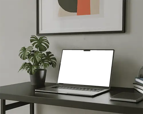 Macbook Pro M4 Mockup On Minimal Black Desk With Potted Plant And Modern Art Frame