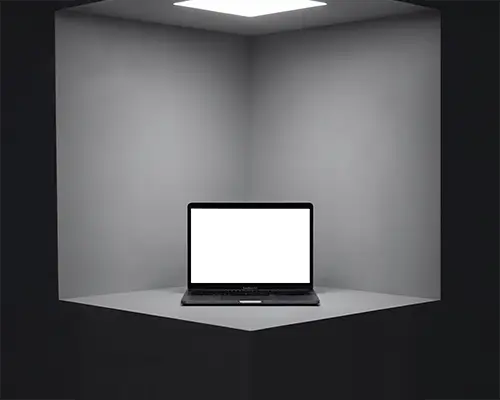 Spotlight Corner Display Macbook Air M1 Mockup In Dark Minimal Cube With Soft Top Light
