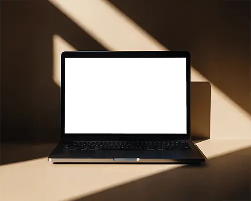 Bold Shadow Scene Macbook Pro M1 Mockup On Warm Surface With Dramatic Light Stripes