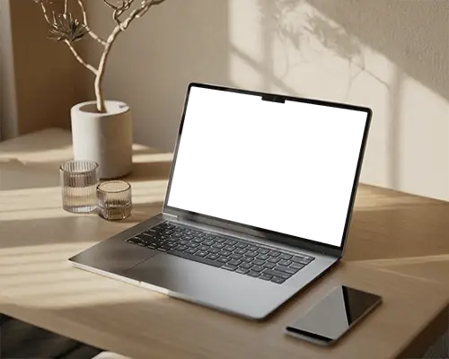 Sunlit Desk Macbook Pro M3 Mockup On Wooden Surface With Glass Cups And Minimal Decor