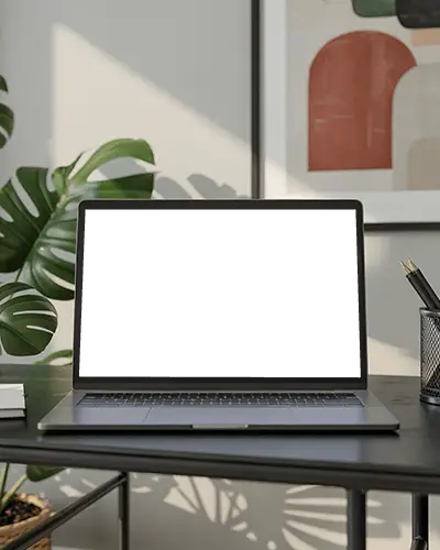 Sunlit Home Office Macbook Pro M1 Mockup On Black Desk With Plant And Modern Wall Art