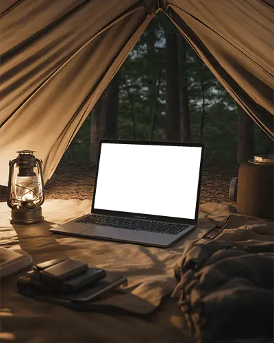 Cozy Camping Scene Macbook Air M1 Mockup Inside Tent With Lantern And Forest Background