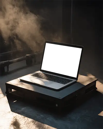 Cinematic Industrial Scene Macbook Pro M1 Mockup On Wood Pallet With Dramatic Smoke Light