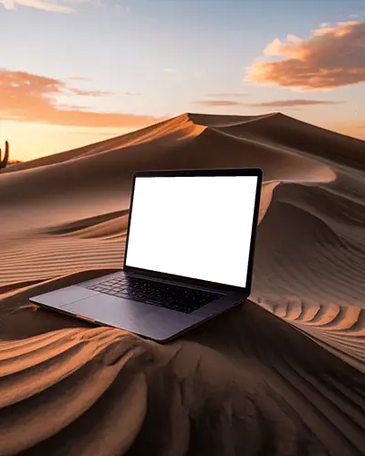 Desert Sunset Scene Macbook Pro M1 Mockup On Sand Dune With Golden Light And Textures