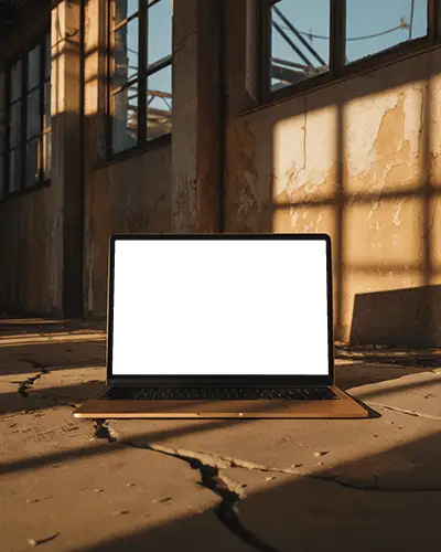 Abandoned Building Macbook Pro M1 Mockup Sitting On Cracked Floor With Sunset Light