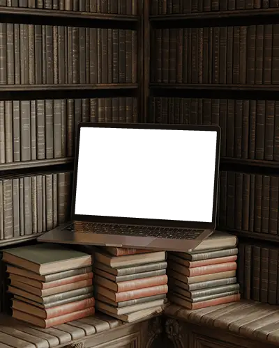 Antique Bookshelf Setting Macbook Pro M1 Mockup Resting On Stacked Volumes