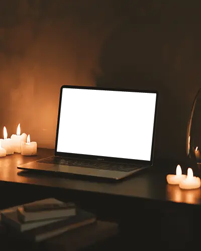 Candlelit Room Macbook Air M1 Mockup On Desk With Warm Ambient Lighting