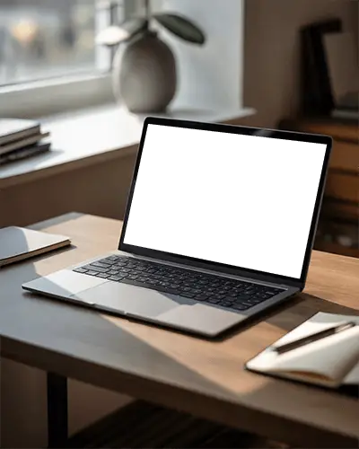 Natural Light Wooden Desk Macbook Pro M1 Mockup With Notebooks And Vase