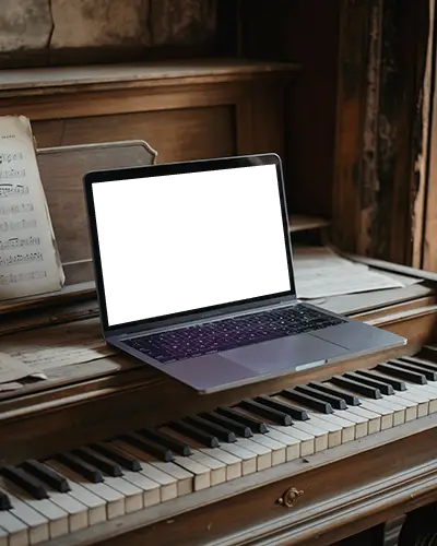 Vintage Piano Macbook Air M1 Mockup With Aged Wood Texture And Sheet Music