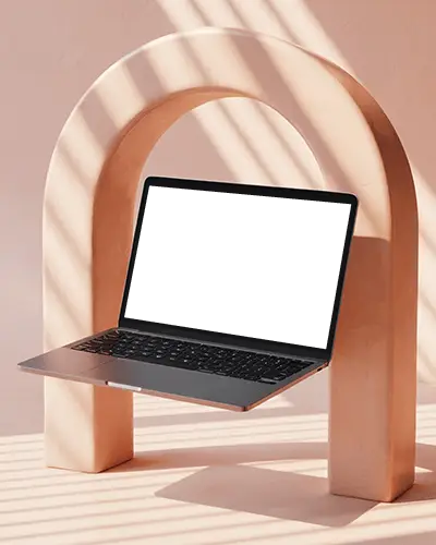 Contemporary Sculptural Stand Peach Toned Macbook Pro M1 Mockup With Elegant Curved Backdrop