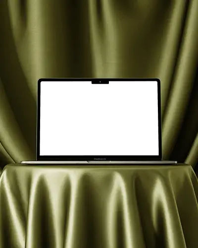 Luxury Green Drape Macbook Air M2 Mockup On Smooth Satin Backdrop Stylish Display