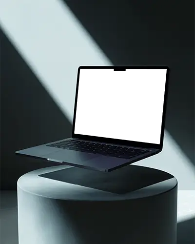 Macbook M3 Pro Mockup Floating Above Pedestal In Dramatic Studio Light And Shadow Play