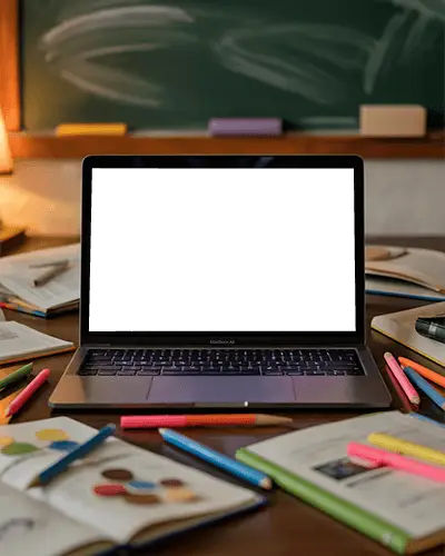 Macbook M1 Air Mockup On Desk With School Supplies Books And Colorful Markers In Classroom