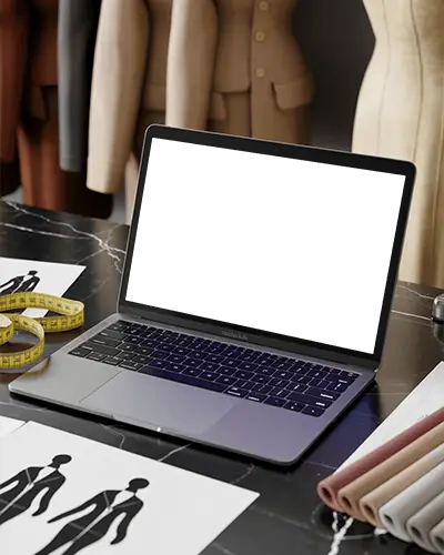 Macbook M1 Air Mockup On Designer Desk With Fashion Sketches Fabric Swatches And Tailor Tools