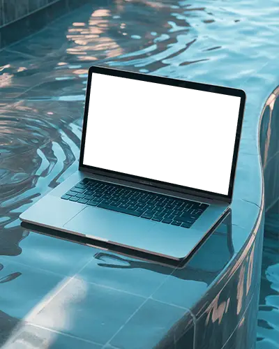 Vacation Mood Macbook M1 Air Mockup By Swimming Pool With Calm Waves And Shadows
