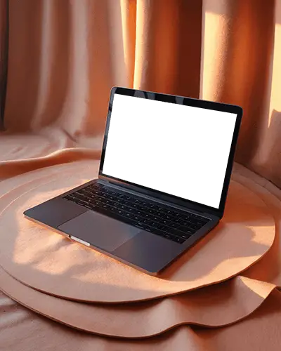 Soft Textile Scene Macbook M1 Pro Mockup In Golden Light On Curved Fabric Platform