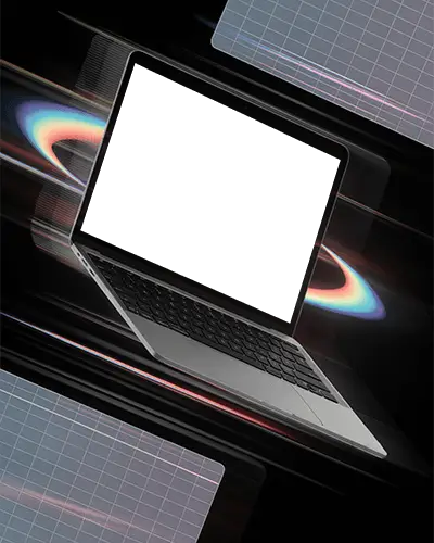 Floating Macbook M1 Pro Mockup With Holographic Grid And Neon Halo Speed Lines
