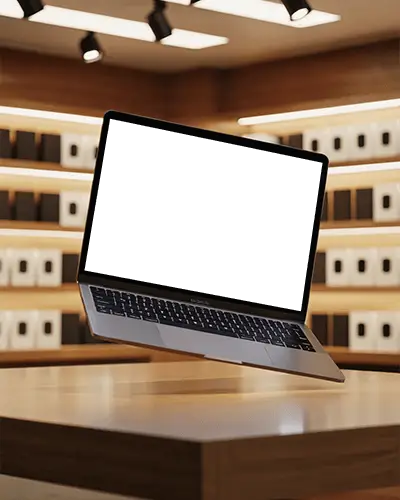 Apple Store Inspired M1 Air Mockup Floating On Desk With Stylized Box Display