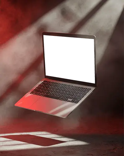 Premium Macbook M1 Pro Floating In Red Glow Studio With Mystic Smoke And Light
