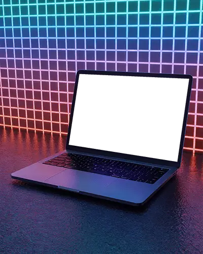 Tech Themed Macbook Pro M1 Mockup On Dark Floor Against Neon Retrowave Grid Wall