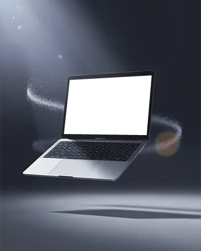 Clean Futuristic Macbook Mockup Of M1 Air Under Spotlight With Dynamic Dust Sparkles