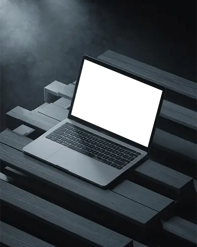 Aesthetic Dark Scene Laptop Mockup M1 Air On Modern Wood Stack Smoke Background