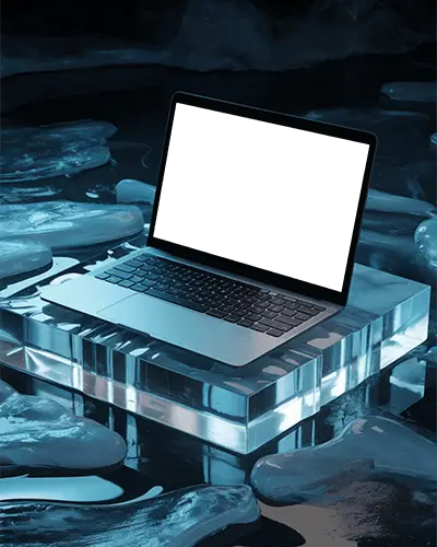 Futuristic Ice Glass Block Platform Macbook Pro M1 Mockup In Cold Blue Environment