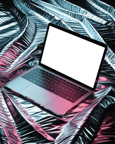 Futuristic Macbook Pro M1 Mockup On Metallic Foil Surface With Pink And Blue Neon Lighting