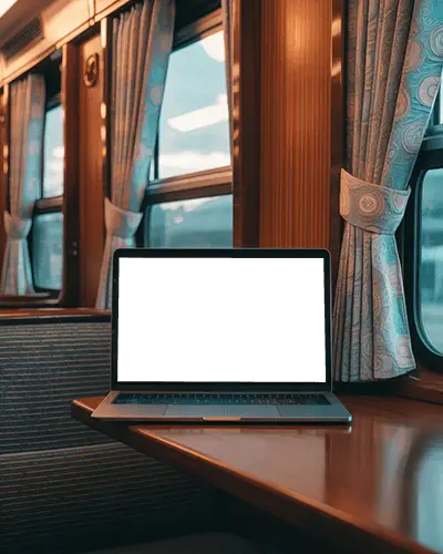 Macbook Pro M1 Mockup On Train Table By Window With Curtains Cozy Travel Workspace