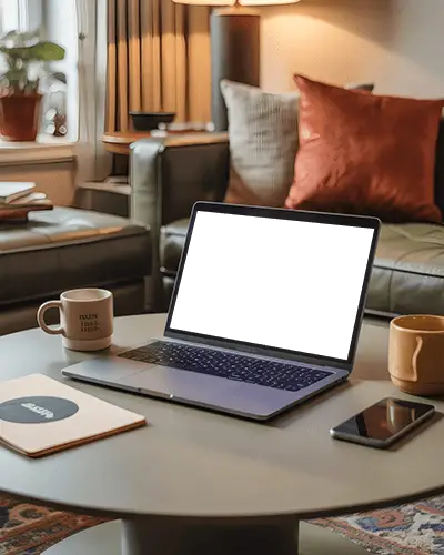 Macbook Air M1 Mockup On Modern Coffee Table In Cozy Living Room With Mugs And Notebook