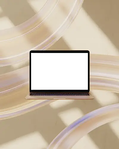 Macbook Pro M1 Floating Mockup Against Soft Abstract Beige Wall With Swirled Light Trails