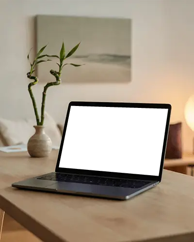 Macbook Pro M1 Mockup On Wooden Desk In Minimal Home Setting With Bamboo Plant And Soft Light